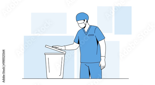 Doctor in blue scrubs and mask discards waste into a bin, symbolizing hygiene and medical care