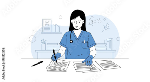 Doctor in blue scrubs writing on medical documents at desk, healthcare concept