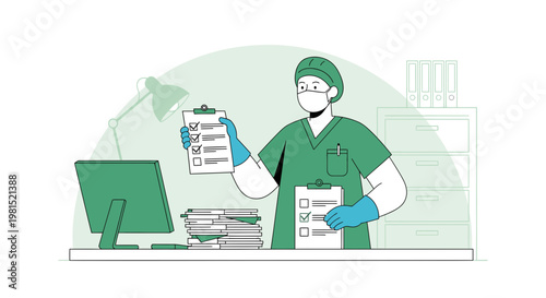 Doctor in Mask and Gloves Holding Checklists at Desk with Computer and Files