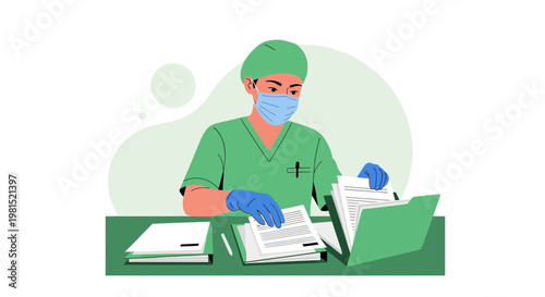 Doctor in scrubs and mask organizing medical records, healthcare administration concept