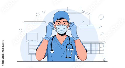 Doctor wearing medical mask and gloves in hospital, healthcare concept