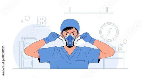 Doctor wearing protective mask and gloves, preparing for medical procedure
