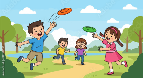 Happy children playing frisbee in a park on a sunny day.