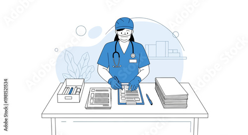 Doctor Writing Medical Records at Desk with Stethoscope and Documents