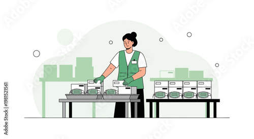 Factory worker packing medical masks on assembly line, production, healthcare manufacturing