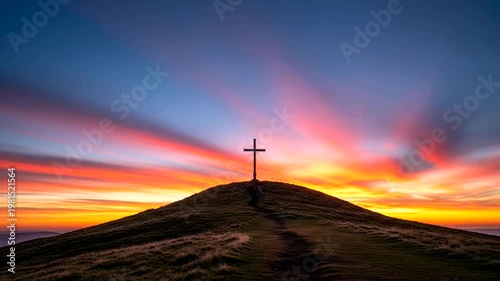 Dramatic Sunset Over Mountain Peak With Christian Cross Silhouette.