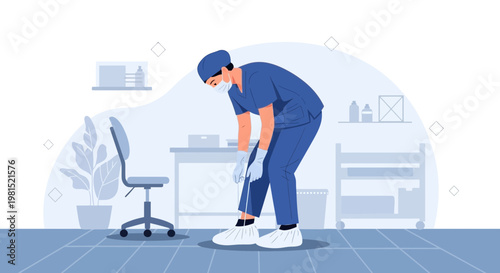Exhausted Nurse or Doctor Bending Down in a Medical Office, Feeling Tired