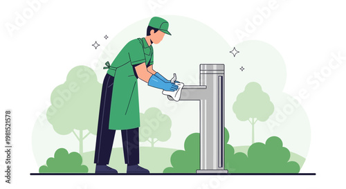 Gardener cleaning public drinking fountain in park with cloth, hygiene concept