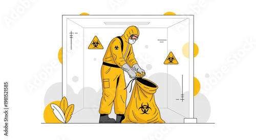 Hazardous Waste Disposal: Worker in Hazmat Suit Handling Biohazard Bag