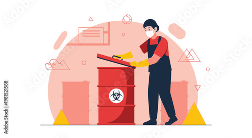 Hazardous waste disposal worker in protective gear handling biohazard barrel
