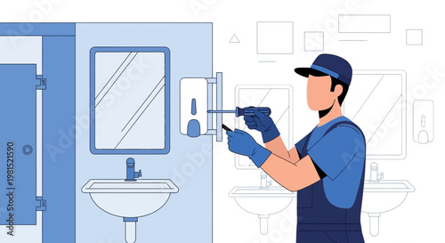 Handyman installing soap dispenser in public restroom, maintenance concept