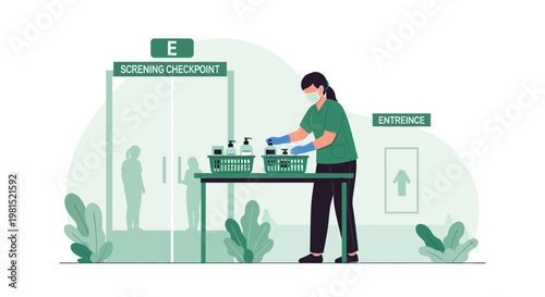 Health screening checkpoint with sanitizer and masks for safety during pandemic