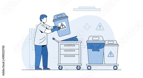 Healthcare worker disposing of biohazard waste in a medical facility
