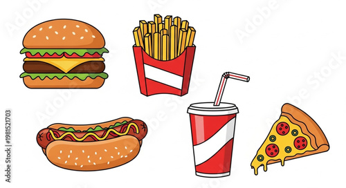 Fast Food Collection Hamburger Hot Dog Fries Pizza Drink.