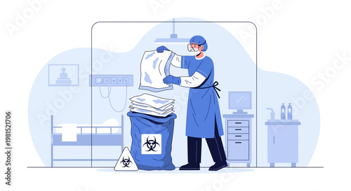 Healthcare worker disposing of biohazard waste in a hospital room