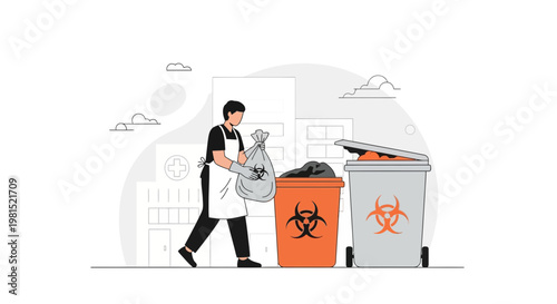 Healthcare worker disposing of biohazard waste outside hospital