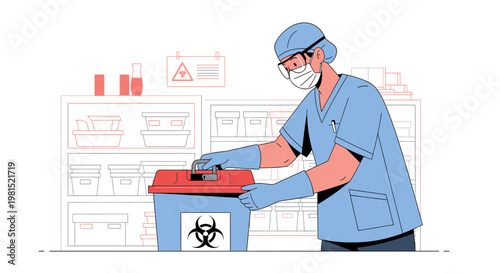 Healthcare worker disposing of biohazard waste in a specialized container