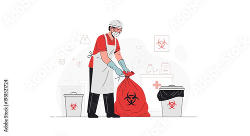 Healthcare worker disposing of biohazard waste in red bag at medical facility