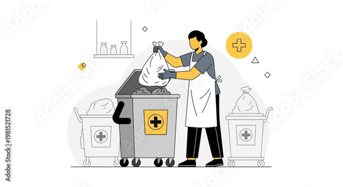 Healthcare worker disposing of medical waste in a specialized bin, hygiene concept