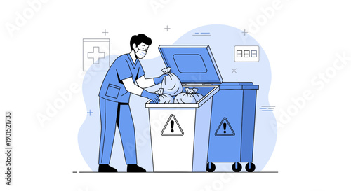 Healthcare worker disposing of medical waste in biohazard bins, safety and hygiene concept