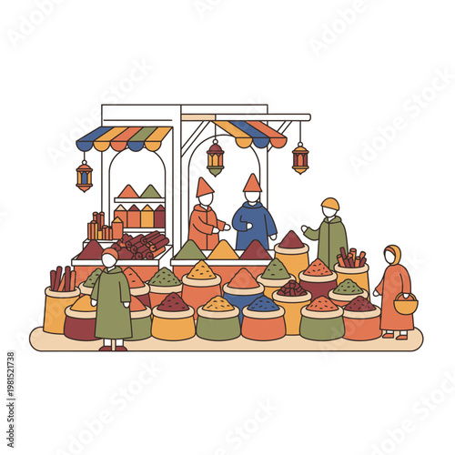 Vibrant Spice Market Scene with Diverse Customers and Vendors.