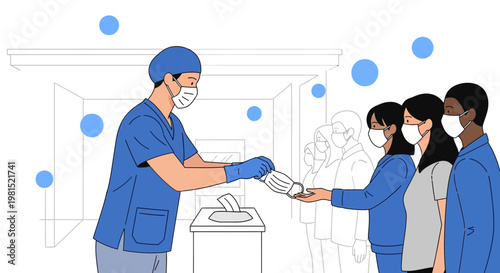 Healthcare worker distributes face masks to people in line, promoting safety during pandemic