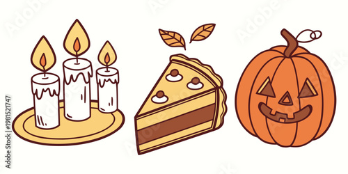 Autumnal still life featuring candles pumpkin pie and a jack o lantern