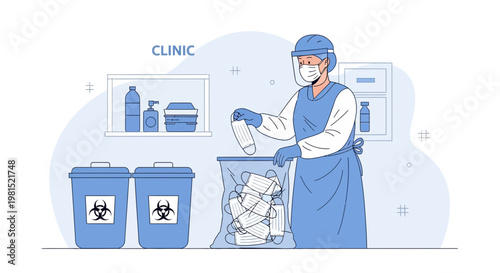 Healthcare worker disposing of used face masks and PPE in biohazard bins at clinic