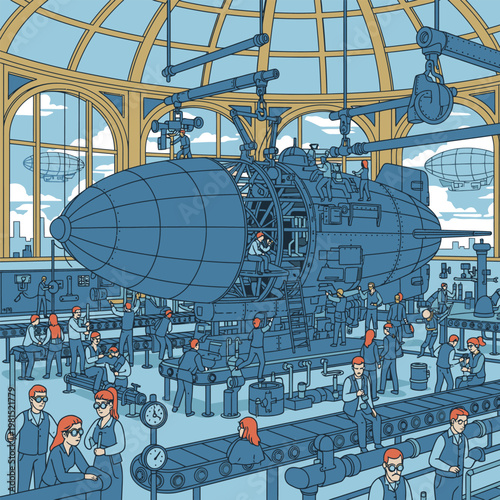 Steampunk Airship Construction in a Grand Industrial Workshop.