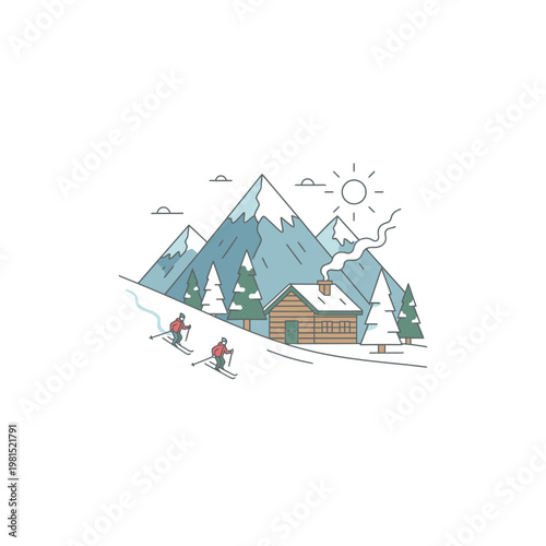 Two skiers descending a snowy mountain slope towards a cozy cabin.