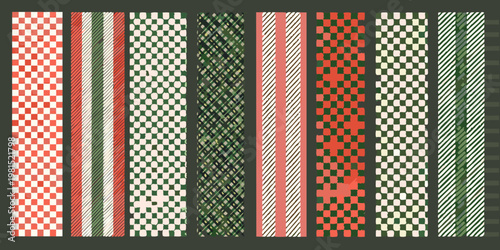 A series of vertically oriented patterned fabric swatches displayed