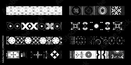 Arrangement of black and white abstract geometric patterns resembling film strips