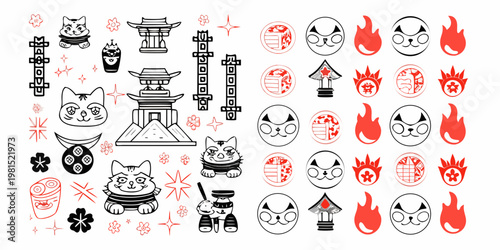 A collection of japanese themed stickers featuring cats masks and pagodas