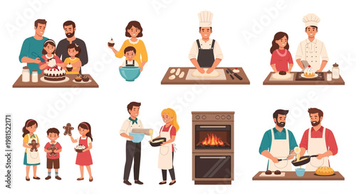 Family Baking Together: Parents and Children Enjoying Cooking and Decorating Cakes and Cookies