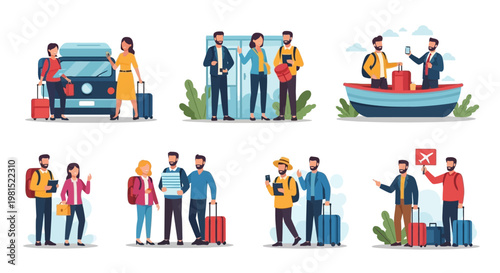 Diverse Travelers with Luggage, Exploring Destinations and Transport Options