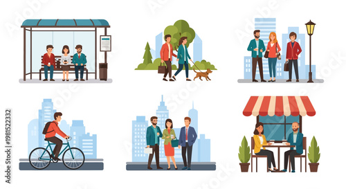 Diverse urban lifestyle scenes: people commuting, relaxing, and socializing in city settings.