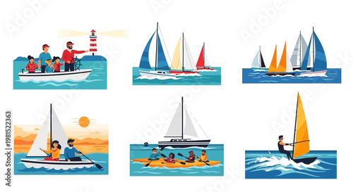 Diverse Water Sports Collection: Sailing, Kayaking, Windsurfing, and Family Boating Adventures