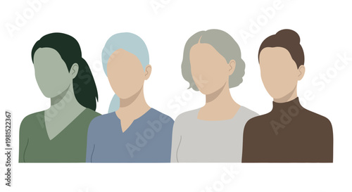 Diverse women group, different ages, hairstyles, and skin tones, representing unity and diversity.