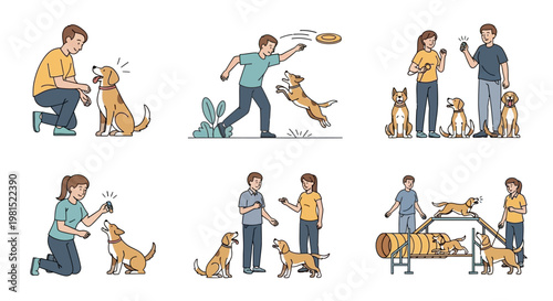 Dog Training and Agility Exercises: People teaching and playing with dogs in various settings.