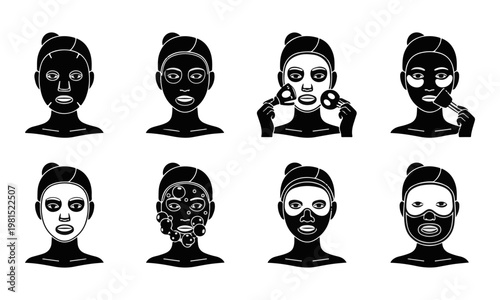 Set of black and white facial mask and skincare treatment icons. Beauty routine vector illustration.