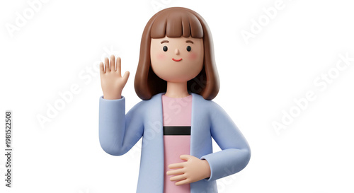 Friendly 3D Cartoon Woman Waving Hello