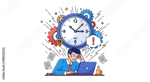 Businessman stressed at work desk.