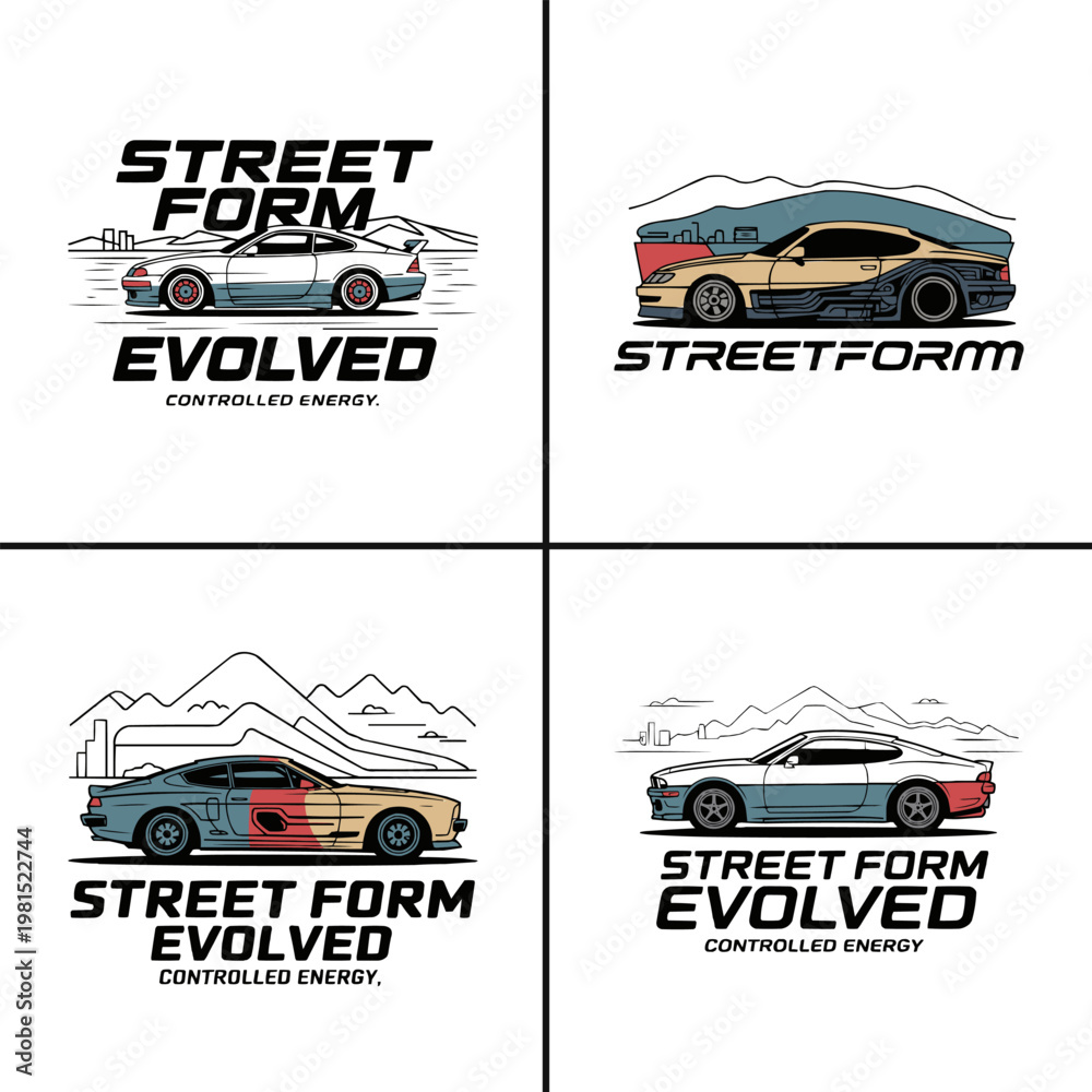 Obraz premium Four distinct minimalist graphic logos featuring stylized drifting sports cars designed for apparel branding and urban automotive culture fashion merchandise