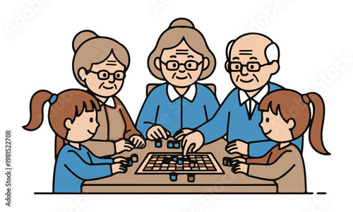 Grandparents and grandchildren playing a board game together. Isolated illustration.