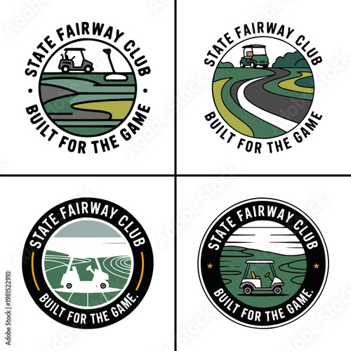 Four distinct state fairway club golf logos featuring golf carts on the course built for the game, showcasing various design styles.