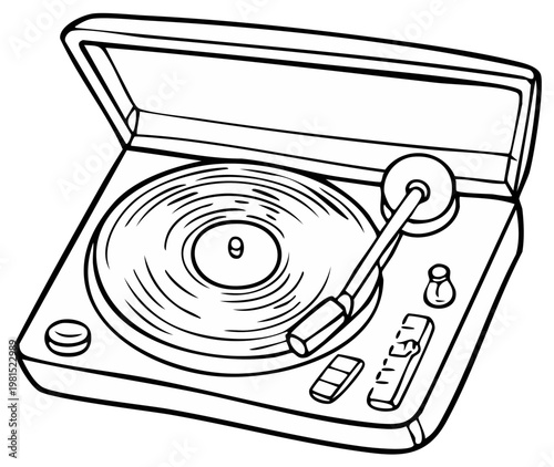Black and white illustration of vintage turntable and vinyl record, close up