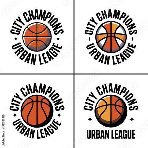 A collection of four distinctive vintage-style basketball logos for city champions urban league sport designs and competitive team emblems.