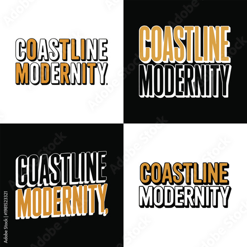 Four variations of stylish graphic text design featuring the words coastline modernity displayed in bold white and yellow block letters