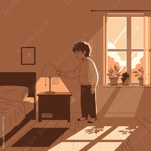 Young person reaching for bedside lamp in warm room.
