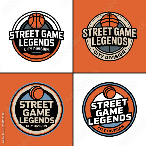 Set of professional basketball logos featuring bold typography and circular frames designed for a city street sports league branding project